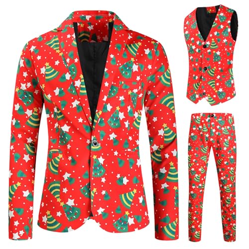 Herren Weihnachtsanzug Hässliche Weihnachtskostüm Anzug Jacke + Ärmellose Weste + Lange Hosen Hose 3 Stück Kleidung Sets für Party (Xmas Red 2, L) von RTGSE