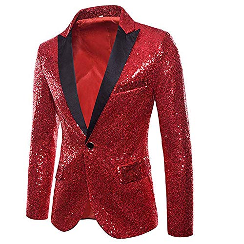 Men's Shiny Sequins Jacket Long Sleeve Glitter Blazer One Button Tuxedo Nightclub Prom Suit Blazer Costume for Stage (Red, Medium) von RTGSE