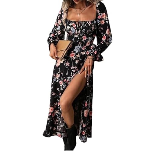 RTGSE Damen Bohemian Blumendruck Langarm Midi Kleid Casual Boho Spitze Quadrat Kragen Split Long Kleid Sommer Streetwear (Black Flower, M) von RTGSE