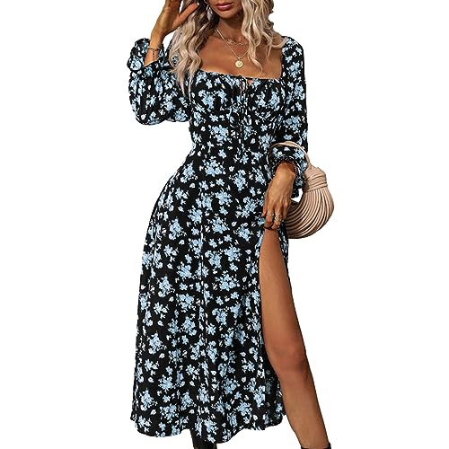 RTGSE Damen Bohemian Blumendruck Langarm Midi Kleid Casual Boho Spitze Quadrat Kragen Split Long Kleid Sommer Streetwear (Blue, L) von RTGSE