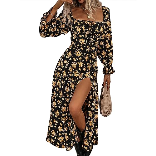 RTGSE Damen Bohemian Blumendruck Langarm Midi Kleid Casual Boho Spitze Quadrat Kragen Split Long Kleid Sommer Streetwear (Gold, M) von RTGSE