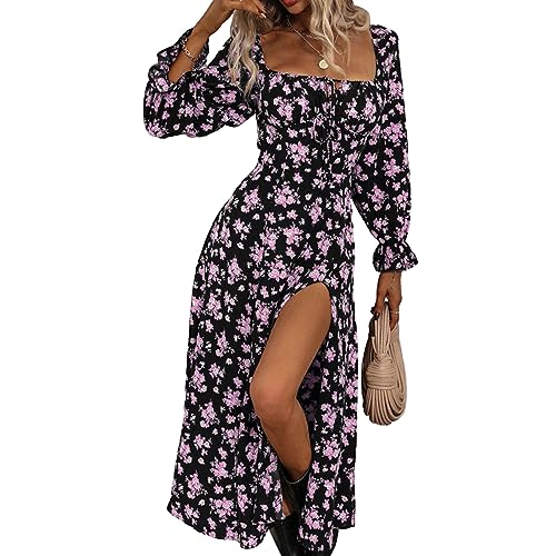RTGSE Damen Bohemian Blumendruck Langarm Midi Kleid Casual Boho Spitze Quadrat Kragen Split Long Kleid Sommer Streetwear (Purple, M) von RTGSE