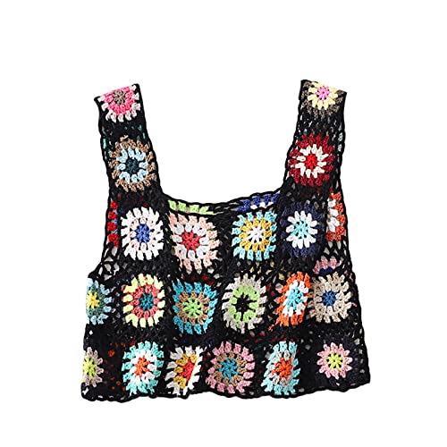 RTGSE Damen Häkelstricker Granny Square Tank Tops ärmellose Blumenstrick Crop Tops Vintage Strickwege Weste Tops 90s Streetwear (Black, One Size) von RTGSE