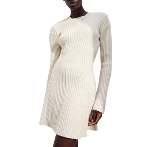 RTGSE Damen Langarm Rippstrick Pulloverkleid Elegante Crew Hals gerippte Strickkleid Mini Kleid Feste Farbe kurzer Kleid Streetwear (A White, S) von RTGSE