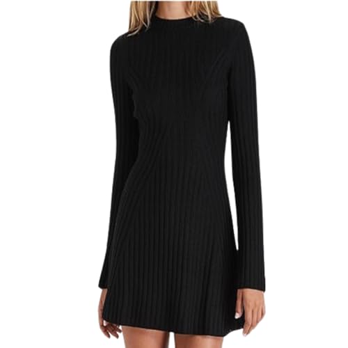 RTGSE Damen Langarm Rippstrick Pulloverkleid Elegante Crew Hals gerippte Strickkleid Mini Kleid Feste Farbe kurzer Kleid Streetwear (Black, M) von RTGSE