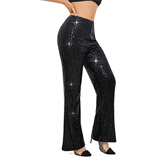 RTGSE Damen Pailletten Weitbeinhosen funkelnd glänzende elastische Taille Lose Fit Hosen Glitzer Glockenboden Leggings 90er Streetwear (V Black, XL) von RTGSE