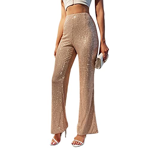 RTGSE Damen Pailletten Weitbeinhosen funkelnd glänzende elastische Taille Lose Fit Hosen Glitzer Glockenboden Leggings 90er Streetwear (V Champagne, L) von RTGSE