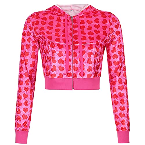 RTGSE Damen Reißverschluss Velvet Hoodies Cropped Heart Print Kapuzenpullover Sweatshirt süße rosa Kurzer Hoodie Mantel 90er Streetwear (A Pink, M) von RTGSE