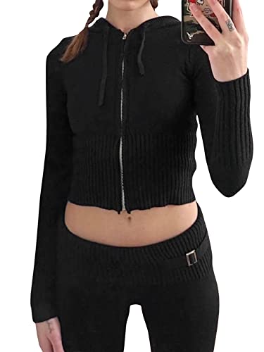 RTGSE Damen Reißverschluss up Pullover Hoodie Crop Strick Hoodie Sweatshirt Pullover Herbst Winter Hoodie Pullover Mantel Y2K 90S Streetwear (Black, S) von RTGSE