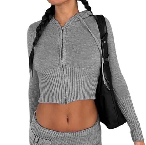 RTGSE Damen Reißverschluss up Pullover Hoodie Crop Strick Hoodie Sweatshirt Pullover Herbst Winter Hoodie Pullover Mantel Y2K 90S Streetwear (Grey, L) von RTGSE