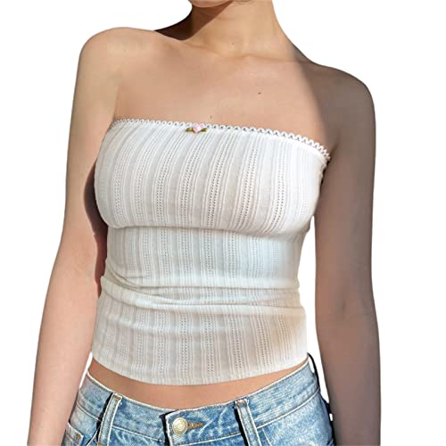 RTGSE Damen Sexy Twist Knot Front Tube Tops Trägerlos Ärmellos Schulterfrei Crop Tops Sommer Y2K Tank Bustier Korsett Top (A White 2, S) von RTGSE