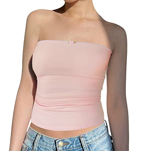 RTGSE Damen Sexy Twist Knot Front Tube Tops Trägerlos Ärmellos Schulterfrei Crop Tops Sommer Y2K Tank Bustier Korsett Top (S Pink White, M) von RTGSE