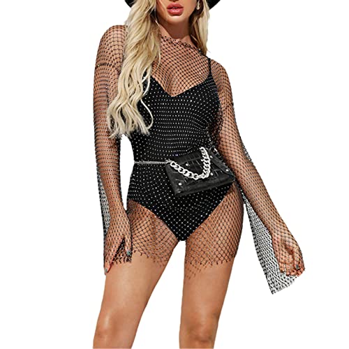 RTGSE Damen Sexy durchsichtiges Strass-Mesh-Kleid Strand Beachwear Bikini Cover Up aushöhlen Nachtclub Party Minikleid Streetwear (Y-Black 2, M) von RTGSE