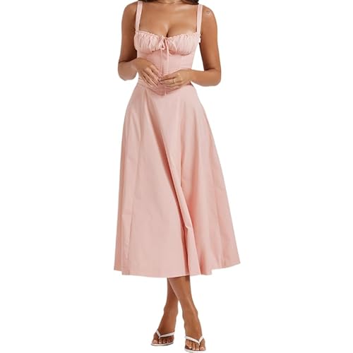 RTGSE Damen Sommer Spitze Langes Kleid ärmellose Boot Hals Korsett Bustier midi Kleid Hochzeit Cocktail Nacht aus fließendem Kleid (A Solid Pink, L) von RTGSE