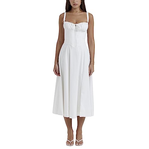 RTGSE Damen Sommer Spitze Langes Kleid ärmellose Boot Hals Korsett Bustier midi Kleid Hochzeit Cocktail Nacht aus fließendem Kleid (A Solid White, M) von RTGSE