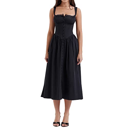 RTGSE Damen Sommer Spitze Langes Kleid ärmellose Boot Hals Korsett Bustier midi Kleid Hochzeit Cocktail Nacht aus fließendem Kleid (Black Button Dress, L) von RTGSE