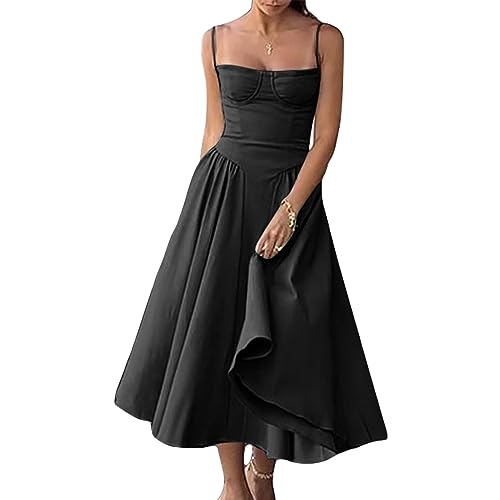 RTGSE Damen Sommer Spitze Langes Kleid ärmellose Boot Hals Korsett Bustier midi Kleid Hochzeit Cocktail Nacht aus fließendem Kleid (E Black Dress, S) von RTGSE