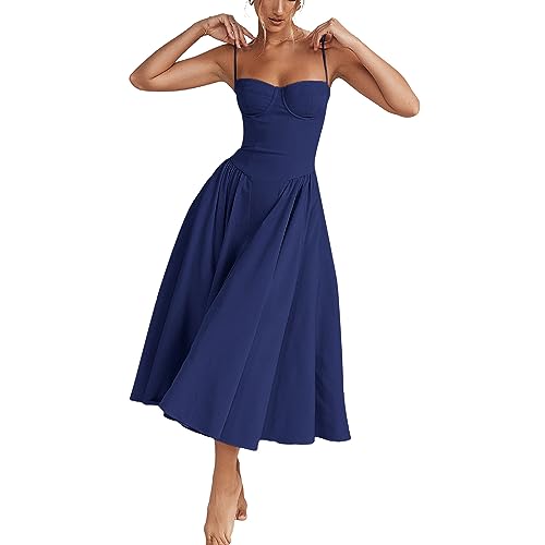 RTGSE Damen Sommer Spitze Langes Kleid - Ärmellose Boot Hals Korsett Bustier Midi für Hochzeit, Cocktail, Nacht - Fließendes Material (E Dark Blue, L) von RTGSE