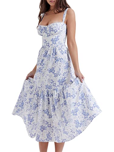 RTGSE Damen Sommer Spitze Langes Kleid ärmellose Boot Hals Korsett Bustier midi Kleid Hochzeit Cocktail Nacht aus fließendem Kleid (Floral Blue, L) von RTGSE