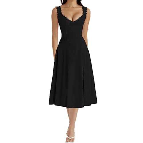 RTGSE Damen Sommer Spitze Langes Kleid ärmellose Boot Hals Korsett Bustier midi Kleid Hochzeit Cocktail Nacht aus fließendem Kleid (M Black, L) von RTGSE