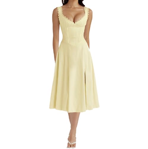 RTGSE Damen Sommer Spitze Langes Kleid ärmellose Boot Hals Korsett Bustier midi Kleid Hochzeit Cocktail Nacht aus fließendem Kleid (M Yellow, M) von RTGSE