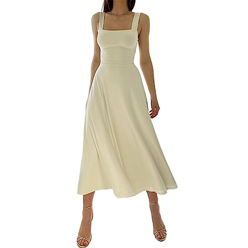 RTGSE Damen Sommer Spitze Langes Kleid ärmellose Boot Hals Korsett Bustier midi Kleid Hochzeit Cocktail Nacht aus fließendem Kleid (W Light Yellow, S) von RTGSE