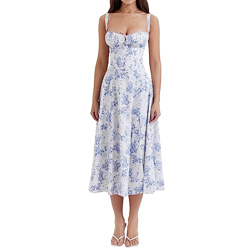 RTGSE Damen Sommer Spitze Langes Kleid ärmellose Boot Hals Korsett Bustier midi Kleid Hochzeit Cocktail Nacht aus fließendem Maxi Kleid (A Floral Blue, L) von RTGSE