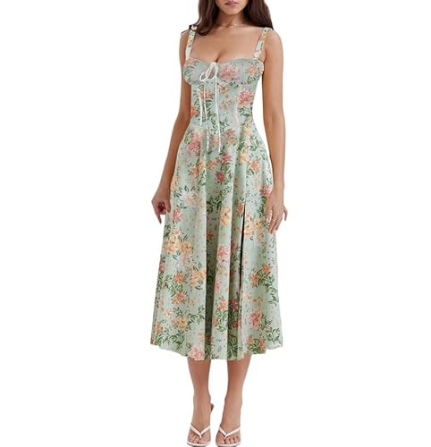 RTGSE Damen Sommer Spitze Langes Kleid ärmellose Boot Hals Korsett Bustier midi Kleid Hochzeit Cocktail Nacht aus fließendem Maxi Kleid (Green Floral, S) von RTGSE