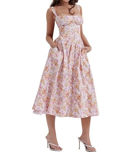 RTGSE Damen Sommer Spitze Langes Kleid ärmellose Boot Hals Korsett Bustier midi Kleid Hochzeit Cocktail Nacht aus fließendem Maxi Kleid (V Pink, S) von RTGSE