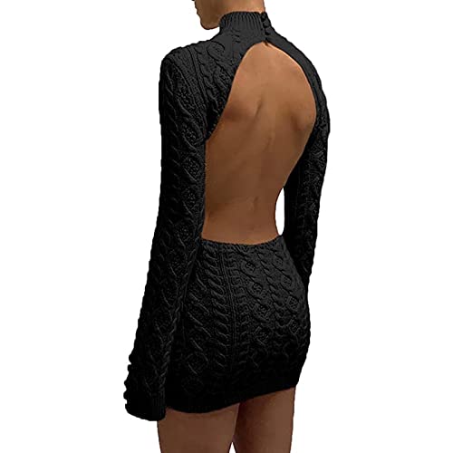 RTGSE Damen Strick Langarm Rückenfreies Kleid Rollkragen Bodycon Pullover Kleid Einteiliger Pullover Strickkleider Streetwear (Schwarz, Medium) von RTGSE