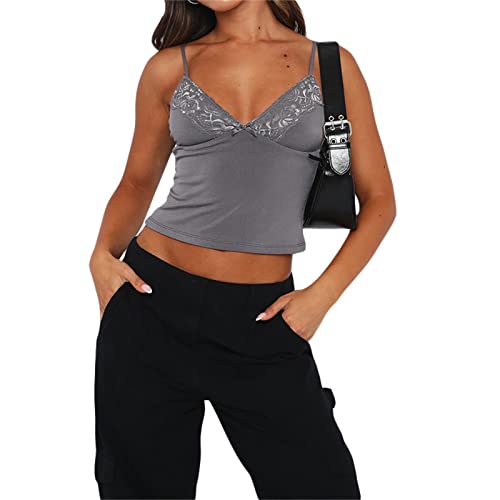 RTGSE Damen Y2K Neckholder Neck Crop Tops Sommer V-Ausschnitt Weste Tops Spaghetti-Riemen Binden Sie Rückenlose Tanktops E-Girl Streetwear (A Gray, S) von RTGSE