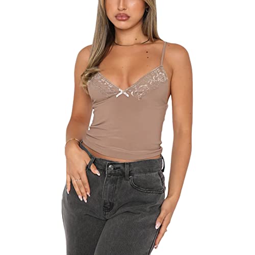 RTGSE Damen Y2K Neckholder Neck Crop Tops Sommer V-Ausschnitt Weste Tops Spaghetti-Riemen Binden Sie Rückenlose Tanktops E-Girl Streetwear (C Light Brown, S) von RTGSE