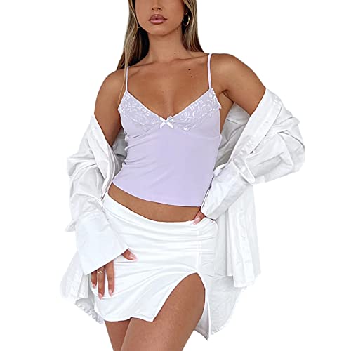 RTGSE Damen Y2K Neckholder Neck Crop Tops Sommer V-Ausschnitt Weste Tops Spaghetti-Riemen Binden Sie Rückenlose Tanktops E-Girl Streetwear (C Light Purple, S) von RTGSE