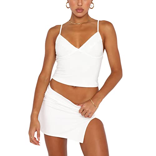 RTGSE Damen Y2K Neckholder Neck Crop Tops Sommer V-Ausschnitt Weste Tops Spaghetti-Riemen Binden Sie Rückenlose Tanktops E-Girl Streetwear (C White, S) von RTGSE