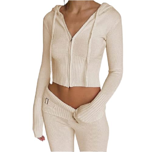 RTGSE Damen Y2K Reißverschluss Up Strick Crop Hoodies Vintage Rib Strick -Kapuze -Sweatshirts mit Hose Kleidung Set 90er Streetwear (Apricot, M) von RTGSE