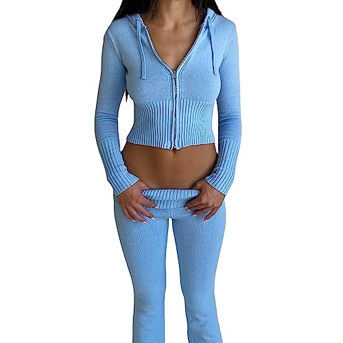 RTGSE Damen Y2K Reißverschluss Up Strick Crop Hoodies Vintage Rib Strick -Kapuze -Sweatshirts mit Hose Kleidung Set 90er Streetwear (Blue, M) von RTGSE