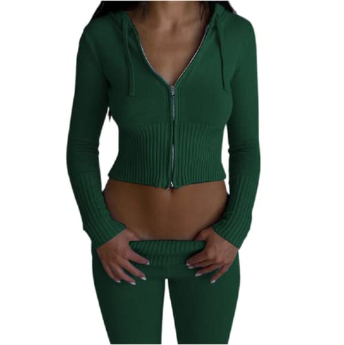 RTGSE Damen Y2K Reißverschluss Up Strick Crop Hoodies Vintage Rib Strick -Kapuze -Sweatshirts mit Hose Kleidung Set 90er Streetwear (Green, L) von RTGSE
