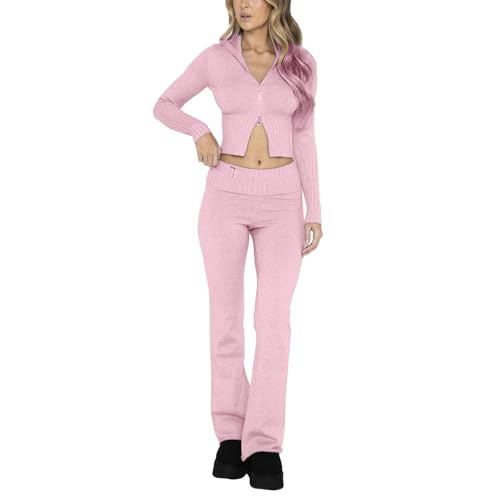 RTGSE Damen Y2K Reißverschluss Up Strick Crop Hoodies Vintage Rib Strick -Kapuze -Sweatshirts mit Hose Kleidung Set 90er Streetwear (X Pink, S) von RTGSE