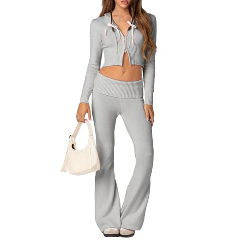 RTGSE Damen Y2K Reißverschluss Up Strick Crop Hoodies Vintage Rib Strick -Kapuze -Sweatshirts mit Hose Kleidung Set 90er Streetwear (Y Light Grey, M) von RTGSE