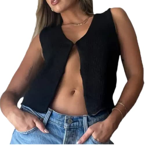 RTGSE Damen gestrickter Weste oberem ärmellosen Hohlauslöschten Crochet Crop Pullover Knopf Offen vordere Weste Strick -Tanktops (A-Black, M) von RTGSE