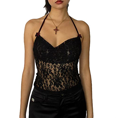 RTGSE Frauen Criss Cross Neckholder Crop Tops Farbblock Tie Up Weste Top Ärmelloses Rückenfreies Lace-up Tube Top Y2K Cami Top (D-Black, M) von RTGSE