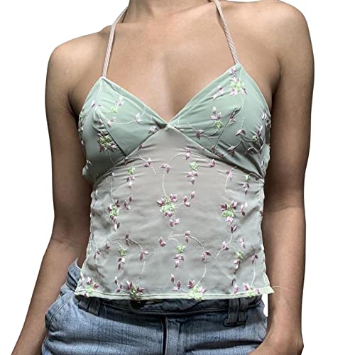 RTGSE Frauen Criss Cross Neckholder Crop Tops Farbblock Tie Up Weste Top Ärmelloses Rückenfreies Lace-up Tube Top Y2K Cami Top (Floral 5, S) von RTGSE