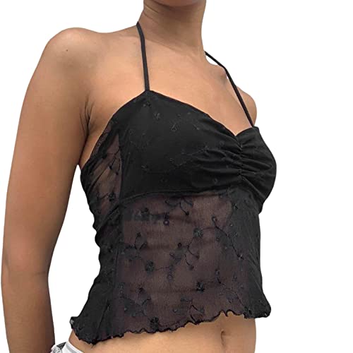 RTGSE Frauen Criss Cross Neckholder Crop Tops Farbblock Tie Up Weste Top Ärmelloses Rückenfreies Lace-up Tube Top Y2K Cami Top (Floral Black, S) von RTGSE