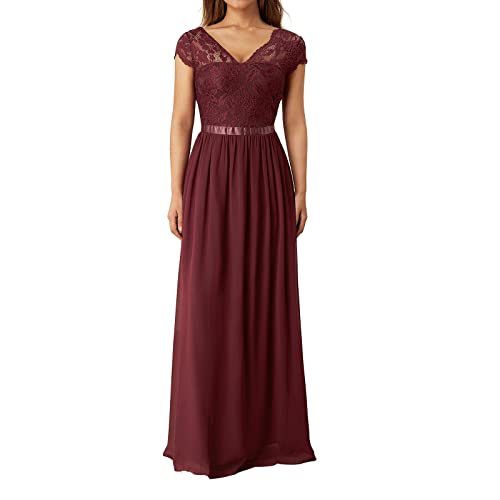 RTGSE Frauen Elegante Spitze Abendkleid V-Ausschnitt Blumenspitze Ärmel Maxikleid Hochzeit Abendkleider Cocktail Chiffon Lange Kleider (Wine Red, X-Large) von RTGSE