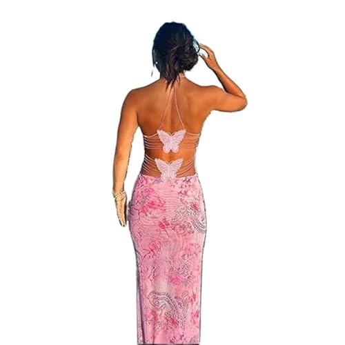 RTGSE Frauen Mesh Print Spaghetti Strap Dress Y2K Ärmelloses Floral Printed Slit Maxikleid Vintage Clubwear Kleid 90er Streetwear (A Pink Dress, M) von RTGSE