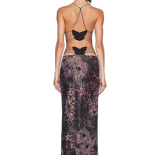 RTGSE Frauen Mesh Print Spaghetti Strap Dress Y2K Ärmelloses Floral Printed Slit Maxikleid Vintage Clubwear Kleid 90er Streetwear (A Purple Dress, S) von RTGSE