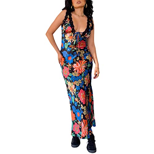 RTGSE Frauen Mesh Print Spaghetti Strap Dress Y2K Ärmelloses Floral Printed Slit Maxikleid Vintage Clubwear Kleid 90er Streetwear (Black Flower, M) von RTGSE