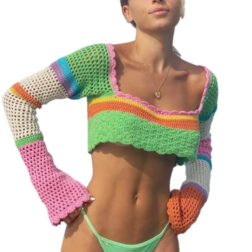 RTGSE Frauen Y2K Crochet Crop Top Langarm Strick Color Block Top Square Neck Crochet Aushöhlen Pullover Pullover 90er Streetwear von RTGSE