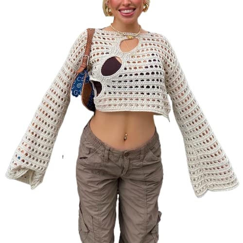 RTGSE Frauen Y2K Crochet Crop Top Langarm Strick Color Block Top Square Neck Crochet Aushöhlen Pullover Pullover 90er Streetwear von RTGSE