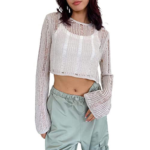 RTGSE Frauen Y2K Crochet Crop Top Langarm Strick Color Block Top Square Neck Crochet Aushöhlen Pullover Pullover 90er Streetwear (E-White 2, L) von RTGSE